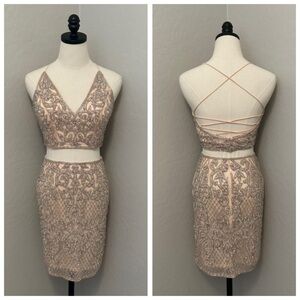 NEW PRIMAVERA BLUSH SZ 4 BEADED TWO PIECE TIE BACK FORMAL COCKTAIL DRESS